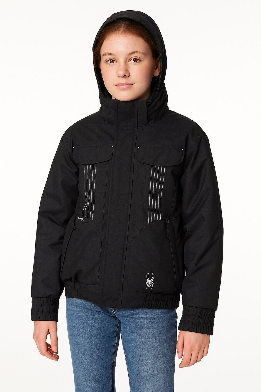 2010s Spyder Black with silver Kids Ski Jacket removable hood Size 14